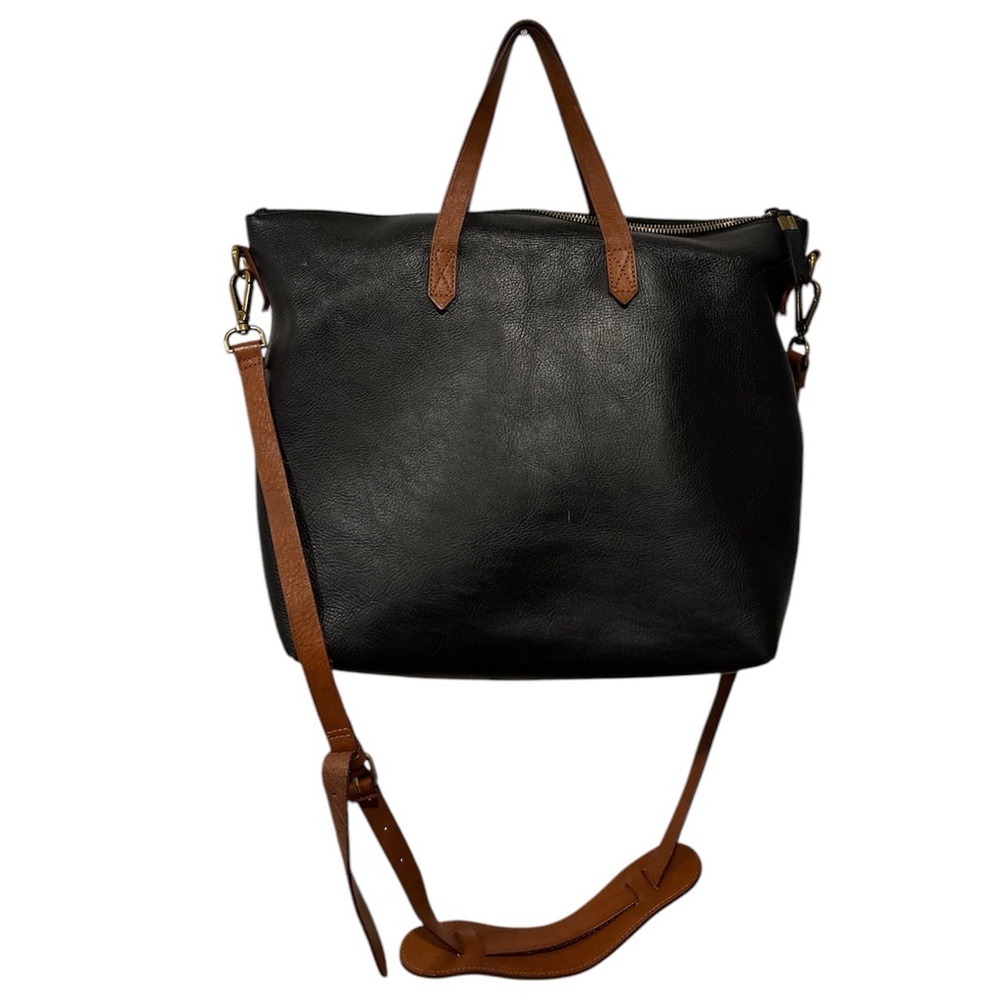 Madewell zip top transport carry all Black Leather Tote Bag monogram initials